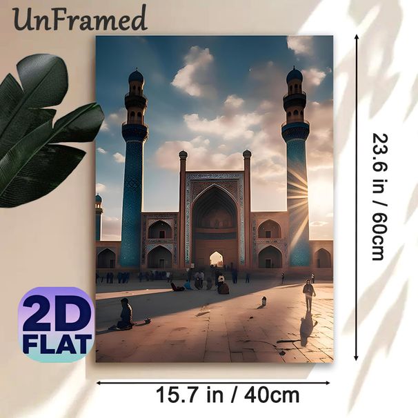 Islamic Mosque Painting Poster, Warm-toned Vintage Sunlit Mosque Square Poster, Exquisite Architectural Details Ideal For Living Room, Study Or_maomaolike.com