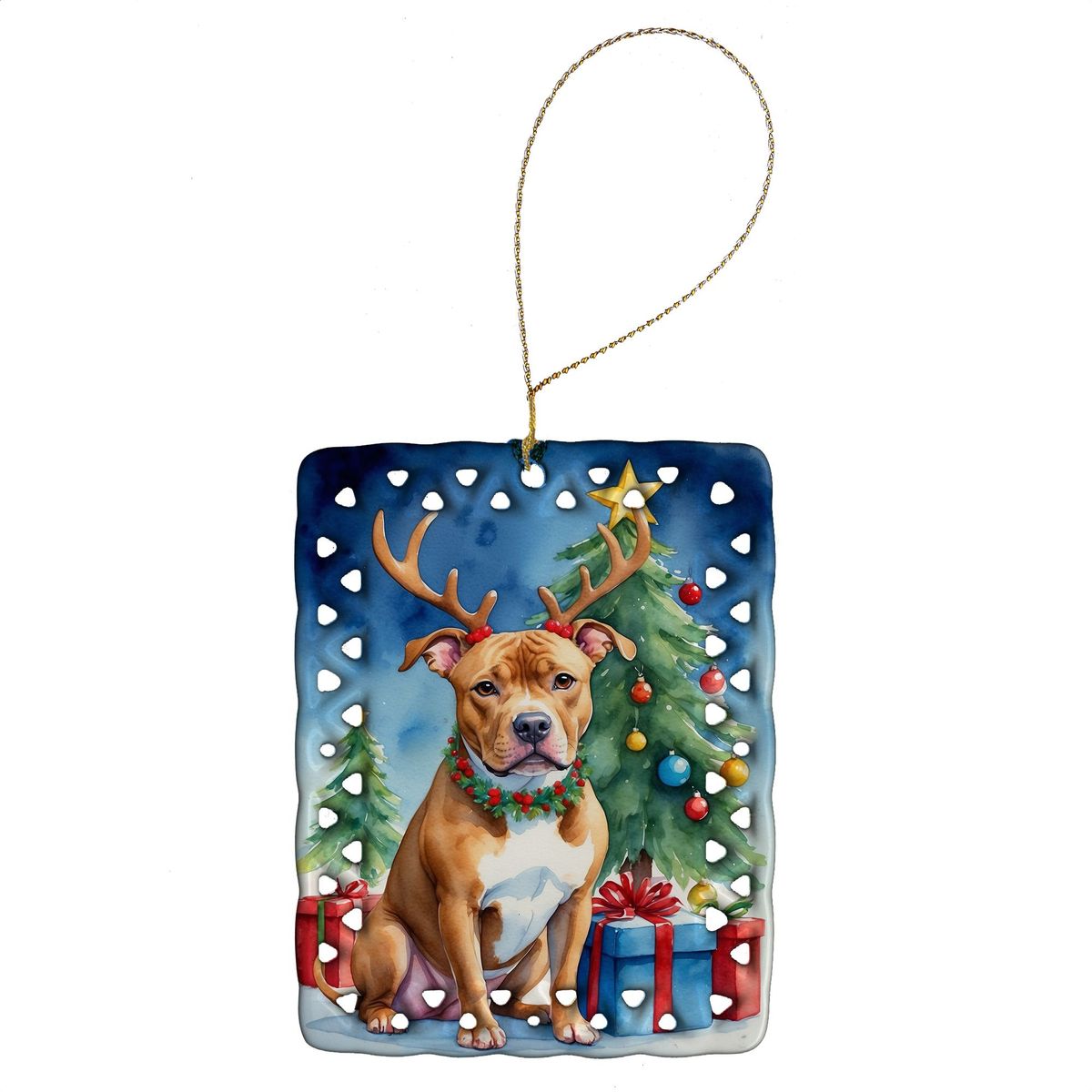 Pit Bull Terrier Christmas Reindeer Porcelain Ornament Christmas Tree Hanging Decorations For Home Christmas Holiday, Rectangle, Gift, Multicolor_maomaolike.com