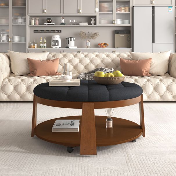 Modern Large Round Ottoman Coffee Table 2-Tier Oversized Button Tufted Ottoman With Wood Shelf Storage Upholstered Coffee Table For Living Room Footrest Ottoman With Wheel, Waterproof Linen_maomaolike.com