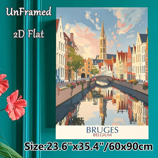Bruges Belgium Canal Cityscape Painting Poster, Vibrant Retro-style Scenic Poster With Historic Buildings & Canal Reflections, Delicate Travel-themed_maomaolike.com