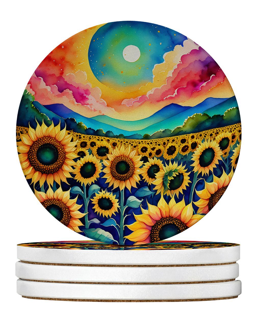 Colorful Sunflowers Large Sandstone Coasters Pack Of 4 Absorbent Round Coasters Decor Gifts For Men Or Women, 4 In, Multicolor_maomaolike.com