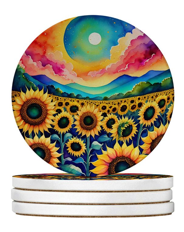 Colorful Sunflowers Large Sandstone Coasters Pack Of 4 Absorbent Round Coasters Decor Gifts For Men Or Women, 4 In, Multicolor_maomaolike.com
