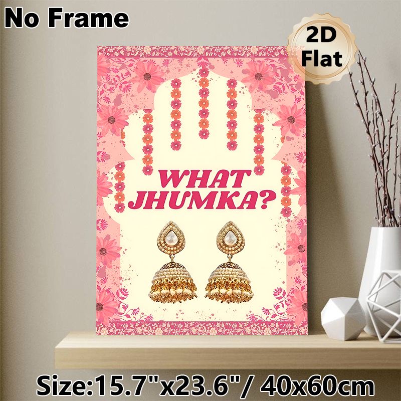 Jhumka Earring Themed Painting Poster, Vibrant Pink Floral Indian Style Poster, Cultural Aesthetic Design With Ornate Jhumka Earrings, Ideal Decor For_maomaolike.com