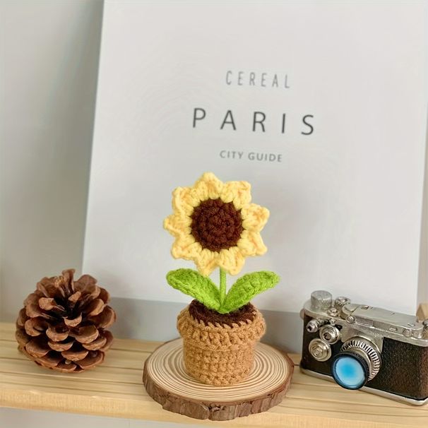 1Pc Hand-knitted Artificial Simulated Flower Potted Plant, Artificial Yarn Crochet Flower Decoration Home Decoration_maomaolike.com
