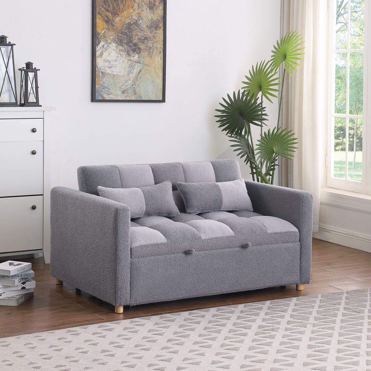 3 In 1 Sleeper Sofa Couch Bed, Small Teddy Convertible Loveseat Futon Sofa Pull Out Bed, Adjustable Backrest, Pillows For Living Room Apartment_maomaolike.com