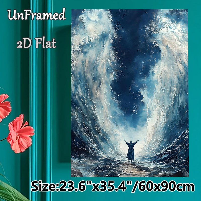 Parted Sea Religious Themed Painting Poster, Vivid Dramatic Surreal Ocean Waves Parted With Robed Figure Poster, Striking Atmospheric Artwork Ideal_maomaolike.com
