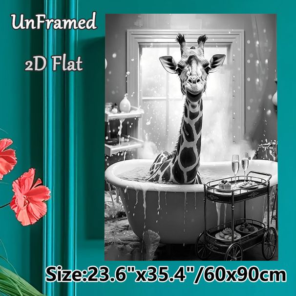 Giraffe Bathtub Themed Painting Poster, Monochrome Whimsical Animal Scene Poster, Playful Humorous Design, Ideal Wall Decor For Bathroom And Living_maomaolike.com