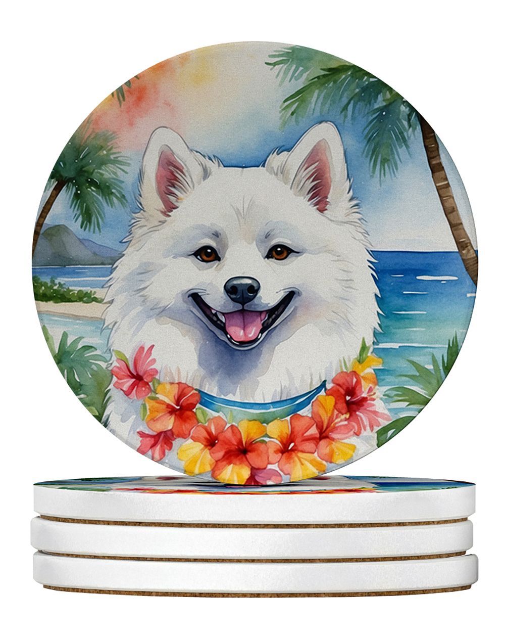 American Eskimo Luau Large Sandstone Coasters Pack Of 4 Absorbent Round Coasters Decor Gifts For Men Or Women, 4 In, Multicolor_maomaolike.com