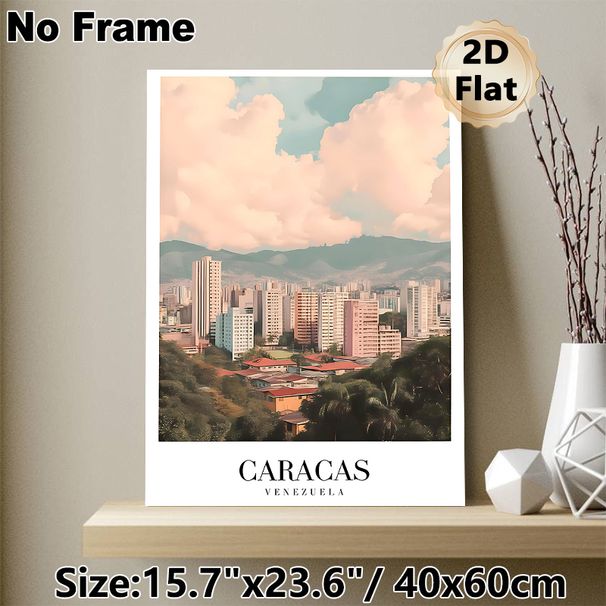 Caracas Cityscape Painting Poster, Soft-toned Watercolor Style Urban Skyline With Mountains & Buildings Poster, Captures Local City Charm, Ideal For_maomaolike.com