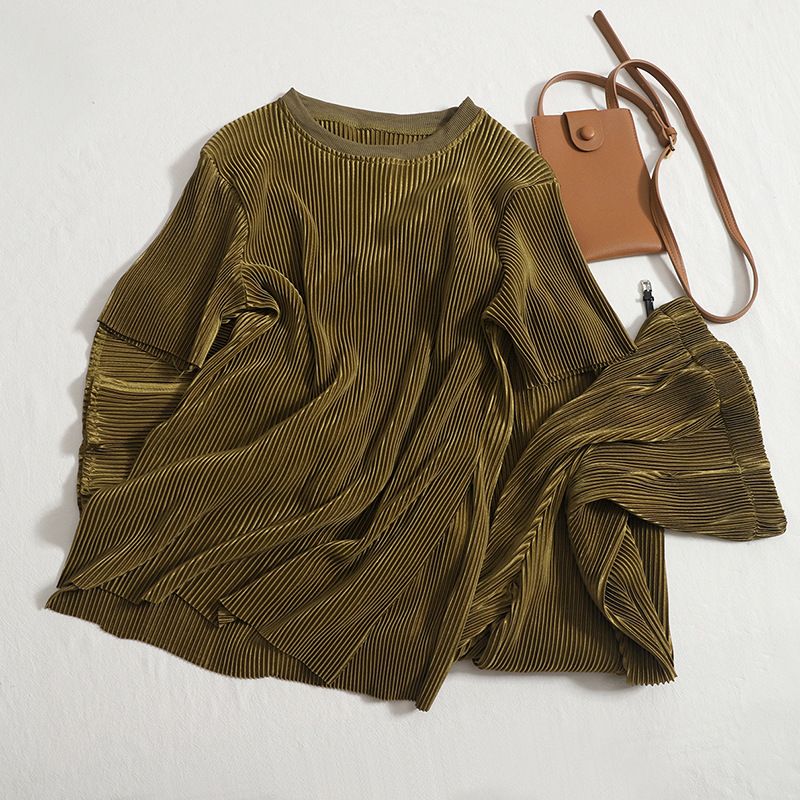 Women's Clothing new style temperament round neck T shirt top high waist split wide leg pants two piece suit_maomaolike.com
