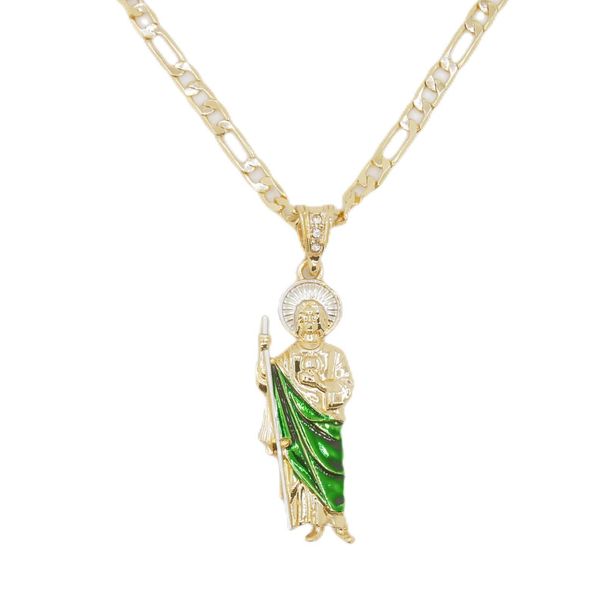 Saint Jude Necklace 14K Gold Plated San Judas Pendant Figaro Chain_maomaolike.com