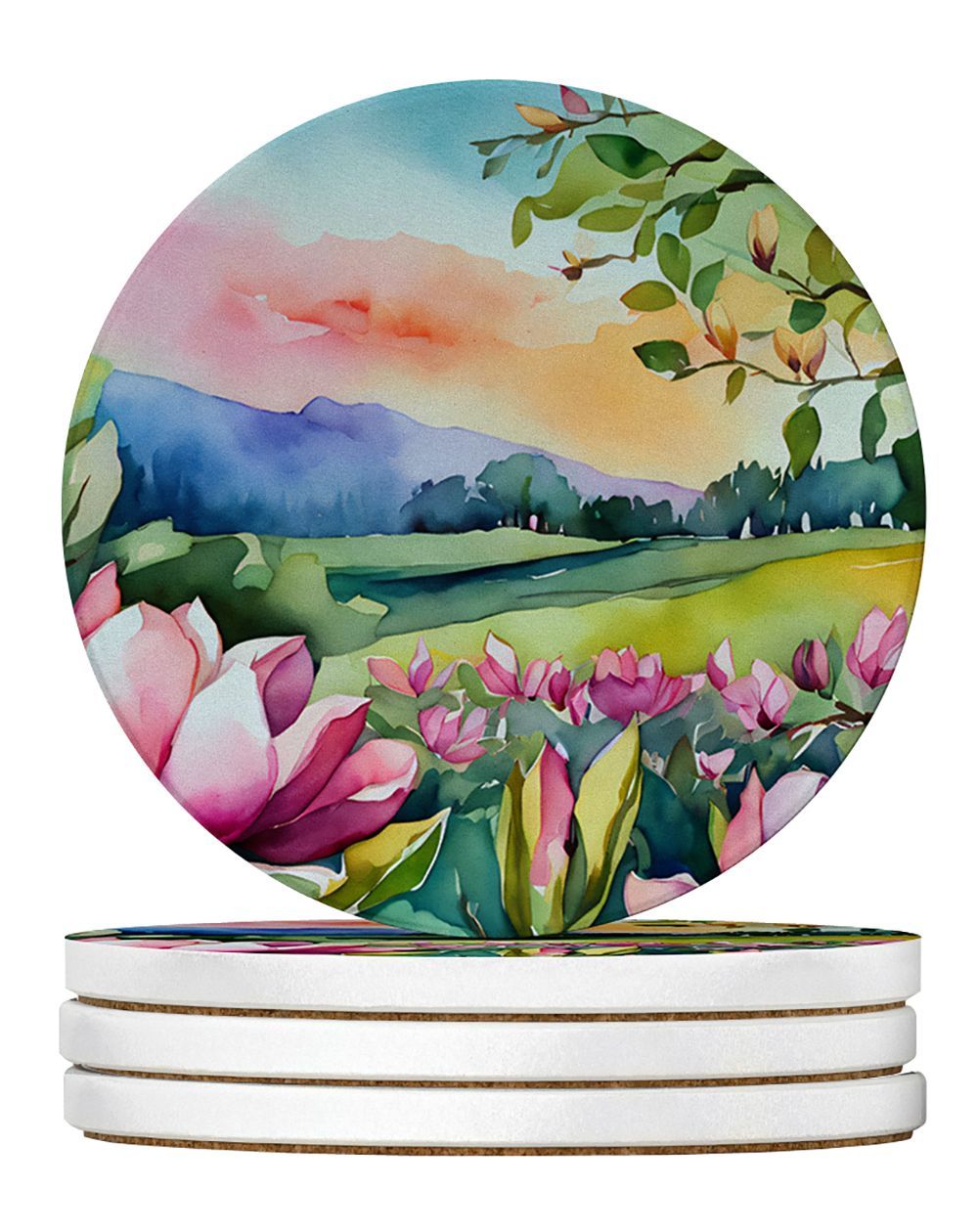 Louisiana Magnolias In Watercolor Large Sandstone Coasters Pack Of 4 Absorbent Round Coasters Decor Gifts For Men Or Women, 4 In, Multicolor_maomaolike.com