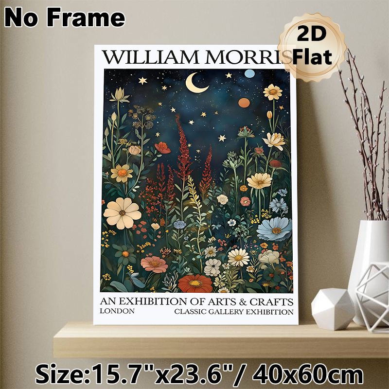 William Morris Night Wildflower Painting Poster, Vintage Arts & Crafts Style Celestial Floral Poster, Timeless Artistic Decor Ideal For Living Room_maomaolike.com