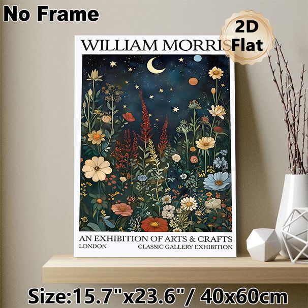 William Morris Night Wildflower Painting Poster, Vintage Arts & Crafts Style Celestial Floral Poster, Timeless Artistic Decor Ideal For Living Room_maomaolike.com