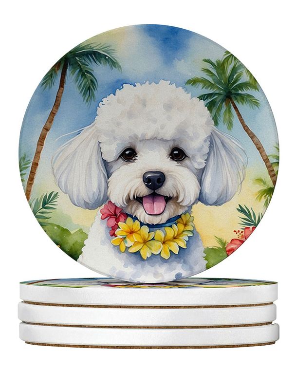 Bichon Frise Luau Large Sandstone Coasters Pack Of 4 Absorbent Round Coasters Decor Gifts For Men Or Women, 4 In, Multicolor_maomaolike.com