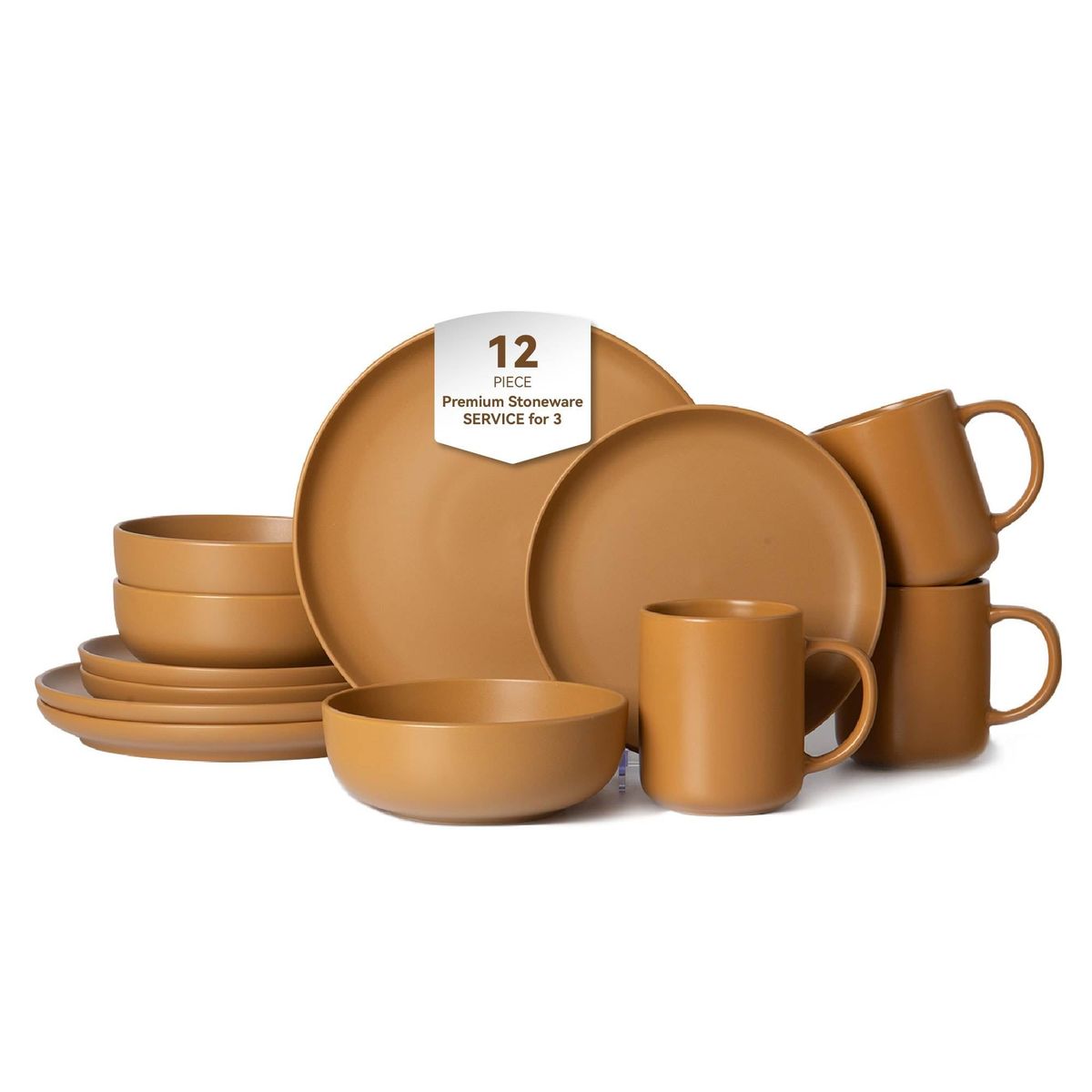 12-Piece Stoneware Dinnerware Sets With Mugs | Microwave & Dishwasher Safe | Non-Toxic Dinner Plates Bowls Set | Stackable Matte Glaze Kitchenware For 3_maomaolike.com