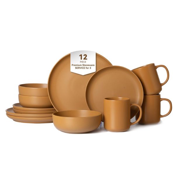12-Piece Stoneware Dinnerware Sets With Mugs | Microwave & Dishwasher Safe | Non-Toxic Dinner Plates Bowls Set | Stackable Matte Glaze Kitchenware For 3_maomaolike.com