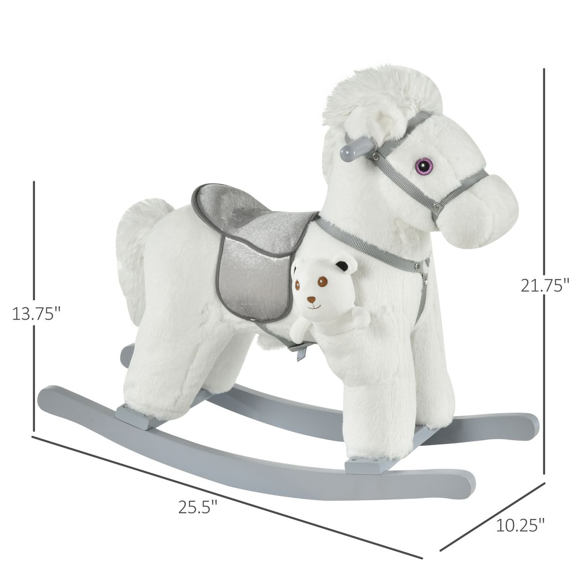 Kids Plush Ride-On Rocking Horse With Bear Toy, Children Chair With Soft Plush Toy & Fun Realistic Sounds, White_maomaolike.com