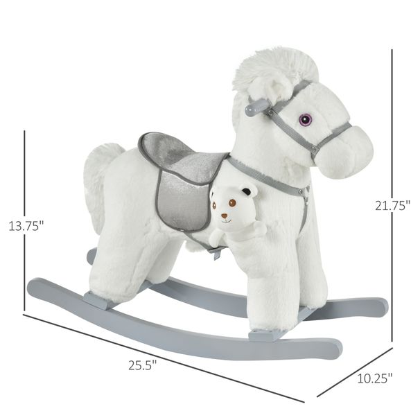 Kids Plush Ride-On Rocking Horse With Bear Toy, Children Chair With Soft Plush Toy & Fun Realistic Sounds, White_maomaolike.com