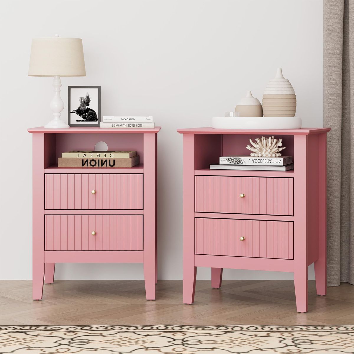 Fluted Night Stand Set Of 2, Wide Nightstand With 2 Drawers, 23" Tall Wood End Table With Storage, Modern Bedside Table With Golden Handle For Bedroom Living Room, Home Office, Pink_maomaolike.com