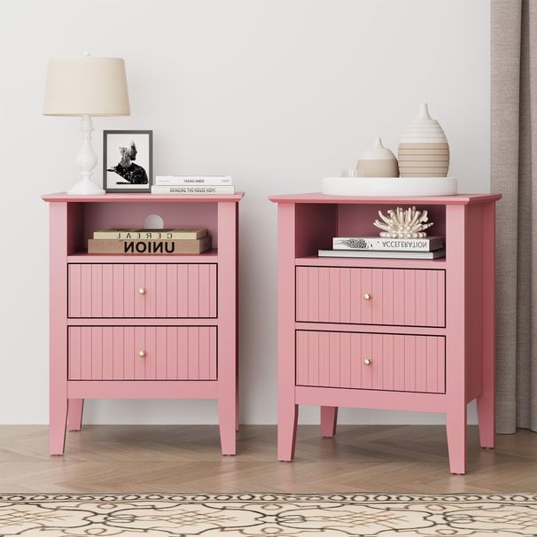 Fluted Night Stand Set Of 2, Wide Nightstand With 2 Drawers, 23" Tall Wood End Table With Storage, Modern Bedside Table With Golden Handle For Bedroom Living Room, Home Office, Pink_maomaolike.com