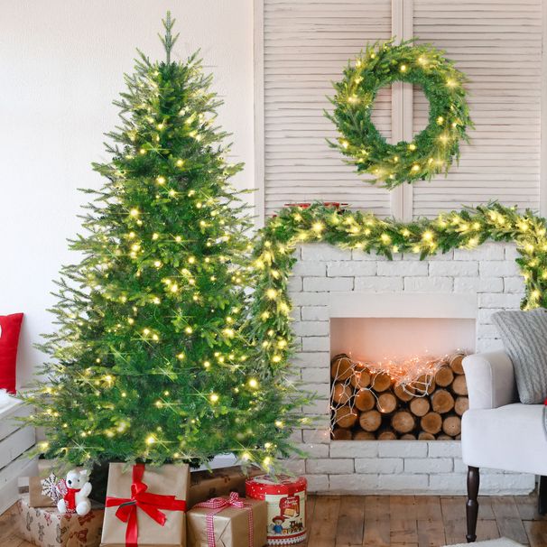 6FT Pre-Lit Aspen Fir Artificial Christmas Tree With Wreath & Garland,Grass Green Xmas Tree With 380 Multi-Color LED Lights, 11 Lighting Modes, 861 PE Branch Tips, For Indoor Holiday Decor_maomaolike.com