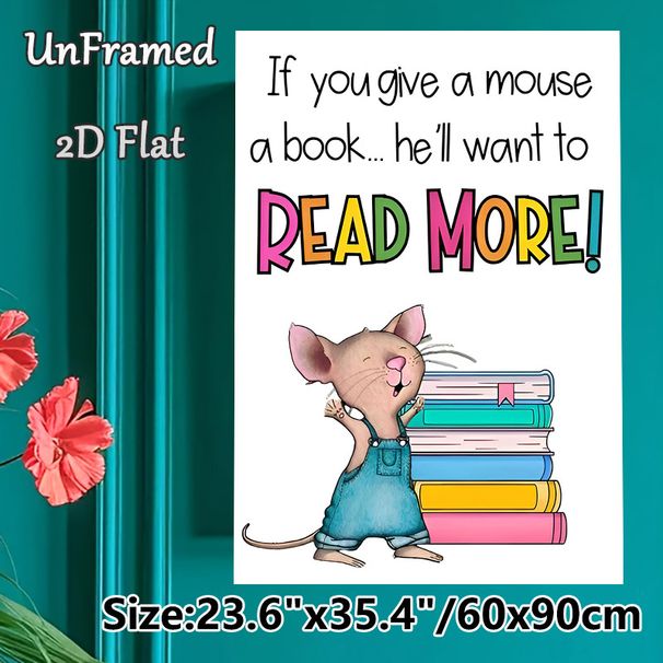 Reading Mouse Themed Painting Poster, Colorful Cartoon Style Mouse & Stacked Books Poster, Inspirational Reading Quote To Foster Reading Interest_maomaolike.com