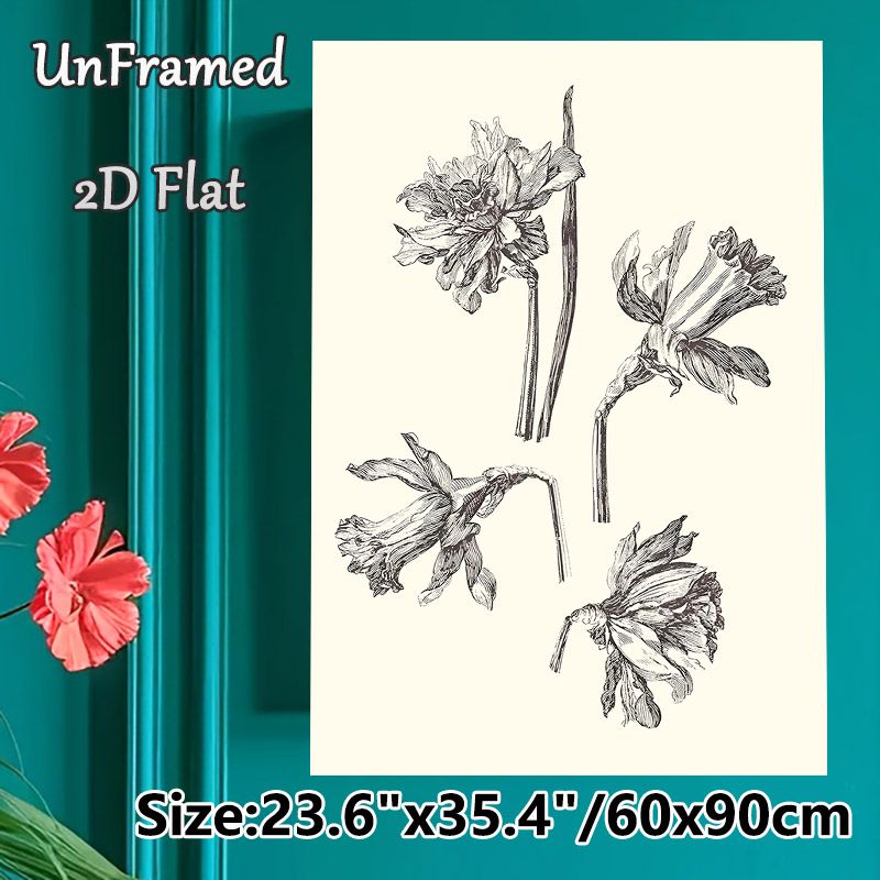Daffodil Botanical Painting Poster, Monochrome Hand-drawn Sketch Poster, Delicate Detailed Floral Artwork, Ideal For Living Room, Bedroom & Office_maomaolike.com