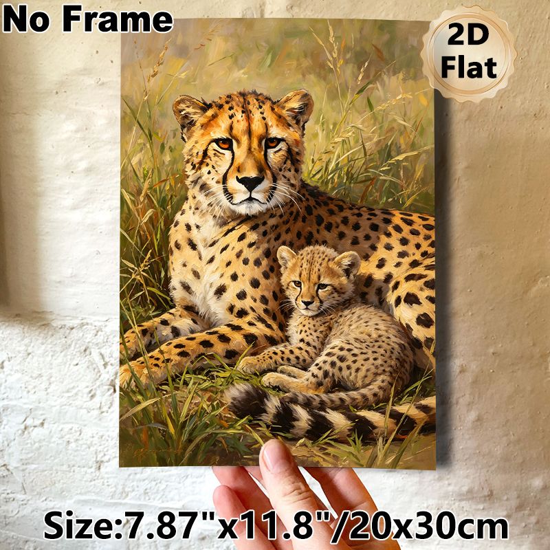 Cheetah Family Painting Poster, Realistic Oil Style Poster, Warm Scene Of Adult Cheetah With Cub In Savanna Grass, Elegant Animal Artwork For Living_maomaolike.com