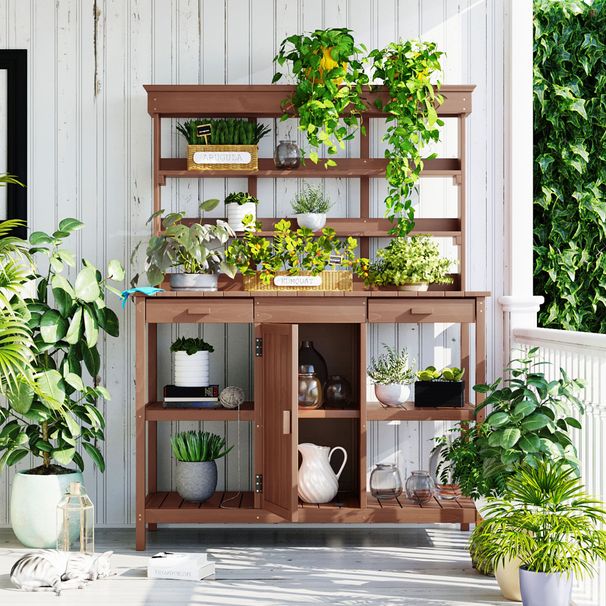 66" Large Outdoor Farmhouse Wooden Potting Bench Table, Garden Workstation With 2 Drawers, Cabinet And Open Shelves For Backyard, Mudroom_maomaolike.com