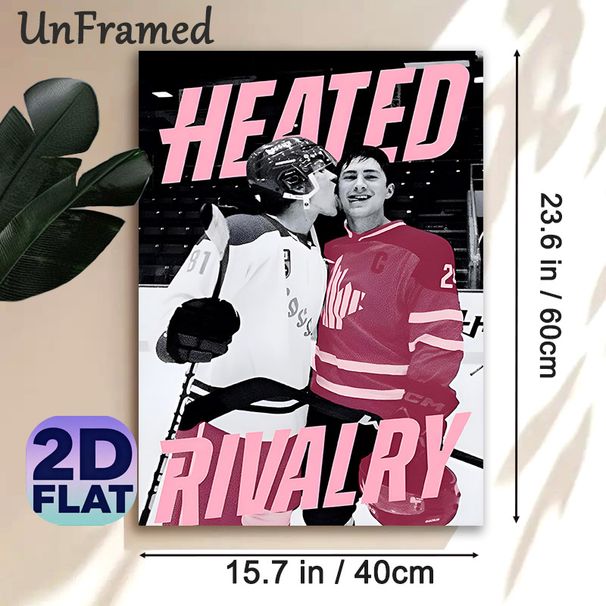 Hockey Heated Rivalry Painting Poster, Vintage Contrast-Tone Poster, Playful Hockey Players Scene With Bold Pink Typography, Ideal Wall Decor For Game_maomaolike.com