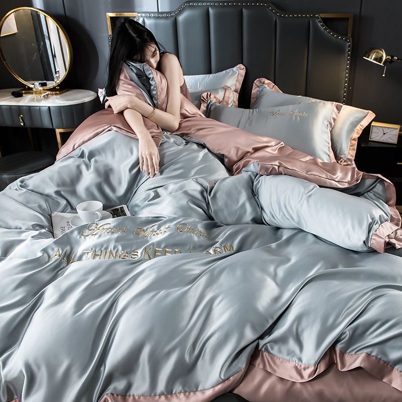 Summer Ice Four-Piece Light Luxury Silky Smooth Naked Sleep Washed Real Silk Embroidered Bedding Dormitory Bed Sheet Duvet Cover T_maomaolike.com