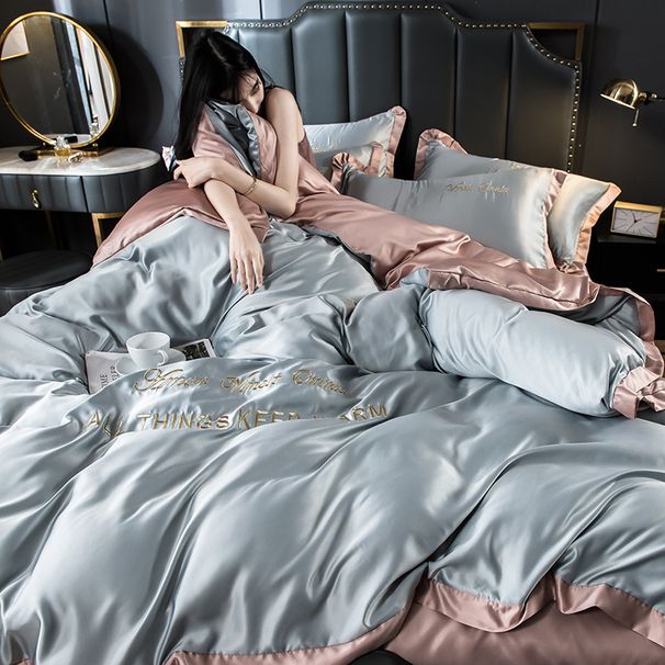 Summer Ice Four-Piece Light Luxury Silky Smooth Naked Sleep Washed Real Silk Embroidered Bedding Dormitory Bed Sheet Duvet Cover T_maomaolike.com