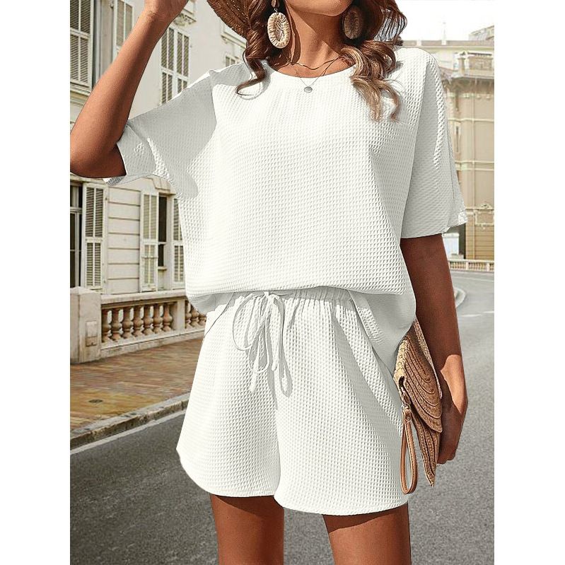 Holiday Daily Women's Simple Style Solid Color Polyester Jacquard Shorts Sets Shorts Sets_maomaolike.com