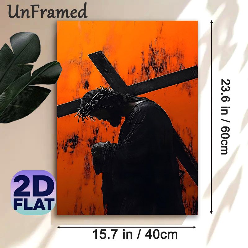 Jesus Carrying Cross Painting Poster, Dramatic Dark Silhouette With Vibrant Textured Orange Backdrop Poster, Meaningful Religious Spiritual Decor_maomaolike.com