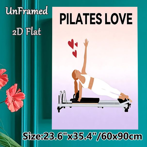 Pilates Themed Painting Poster, Soft-toned Minimalist Woman Doing Pilates On Reformer With Hearts Poster, Fitness-inspired Decor Ideal For Home Gym Or_maomaolike.com