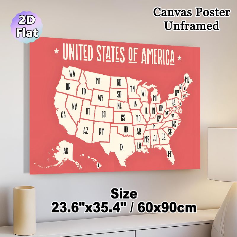 US Map Themed Painting Poster, Minimalist Retro Coral-toned US Map Poster, Clear State Abbreviations For Geographic Reference, Ideal For Home Office_maomaolike.com