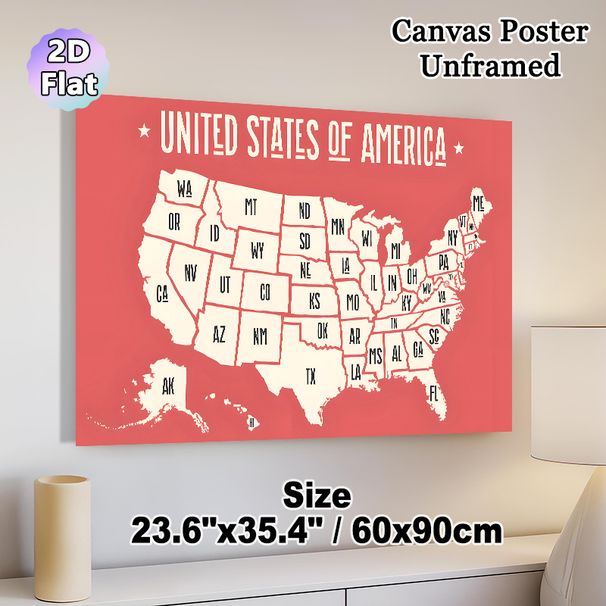 US Map Themed Painting Poster, Minimalist Retro Coral-toned US Map Poster, Clear State Abbreviations For Geographic Reference, Ideal For Home Office_maomaolike.com