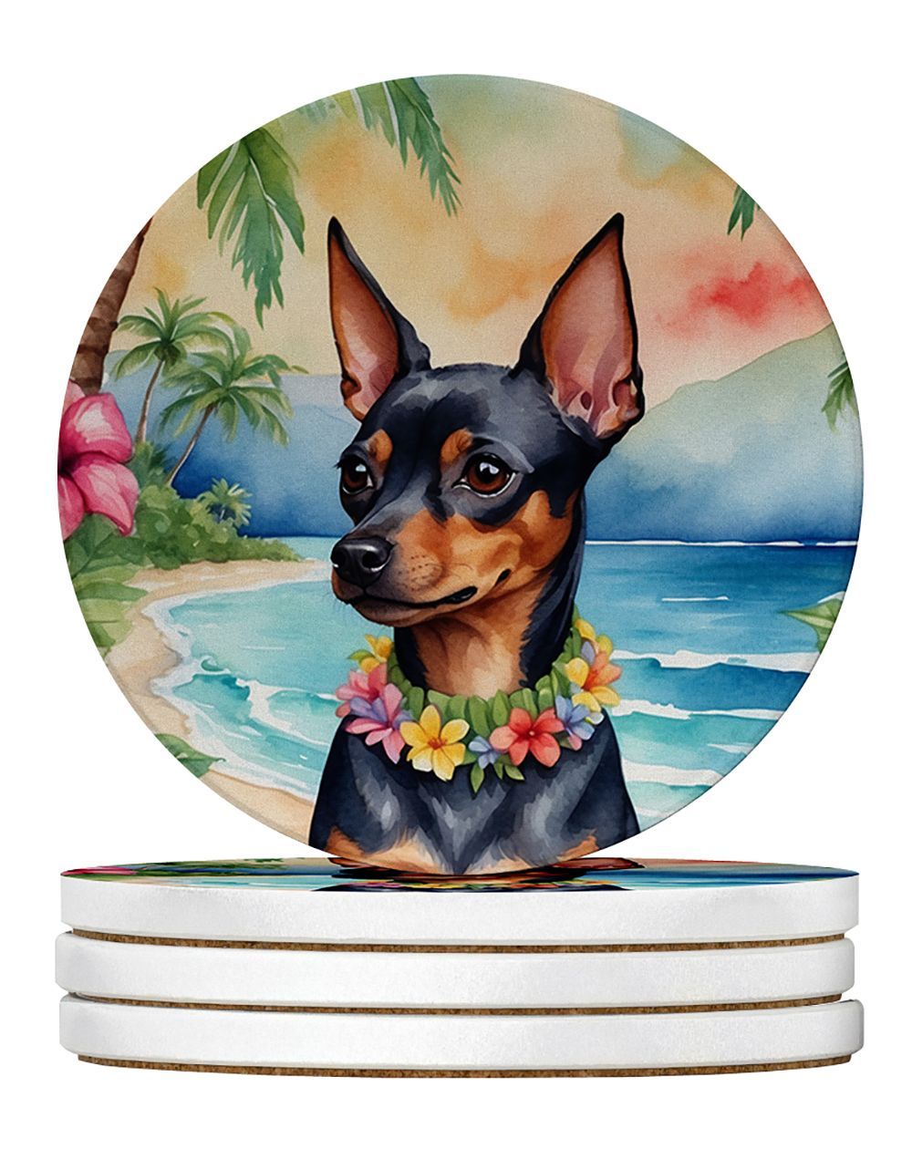 Miniature Pinscher Luau Large Sandstone Coasters Pack Of 4 Absorbent Round Coasters Decor Gifts For Men Or Women, 4 In, Multicolor_maomaolike.com
