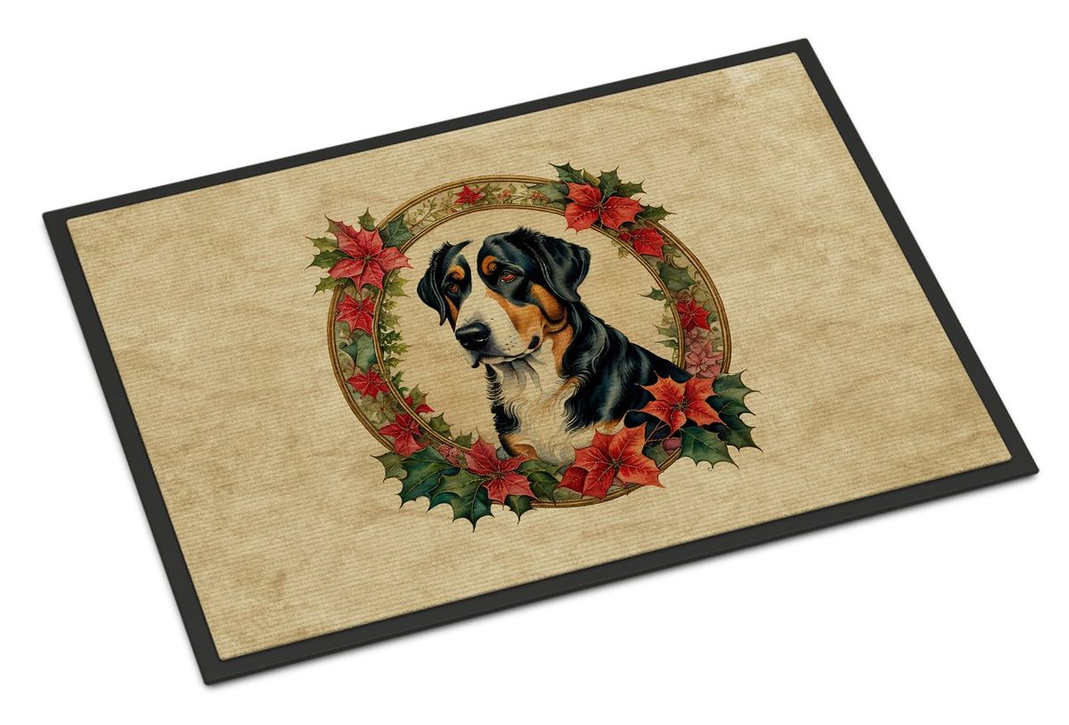 Greater Swiss Mountain Dog Christmas Flowers Doormat Front Door Mat Indoor Outdoor Rugs For Entryway, Non Slip Washable Low Pile, 24H X 36W_maomaolike.com