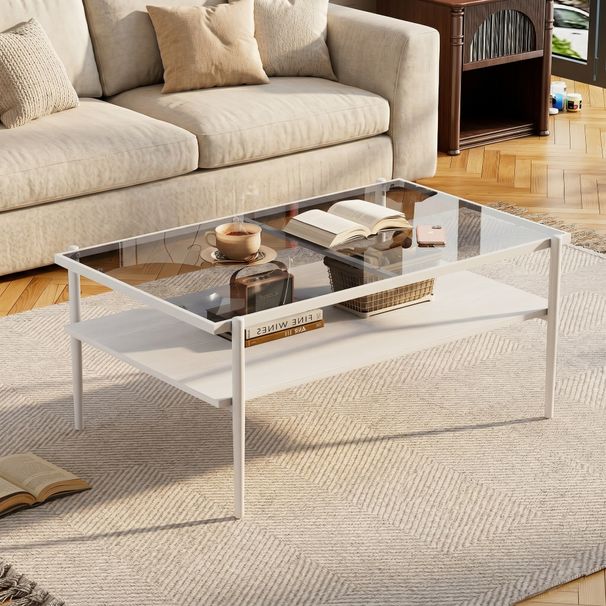 Modern Rectangular Coffee Table With Tempered Gray Glass Top And MDF Layer – Table For Living Room,White Legs_maomaolike.com