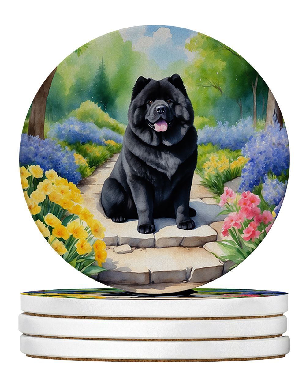 Chow Chow Spring Path Large Sandstone Coasters Pack Of 4 Absorbent Round Coasters Decor Gifts For Men Or Women, 4 In, Multicolor_maomaolike.com