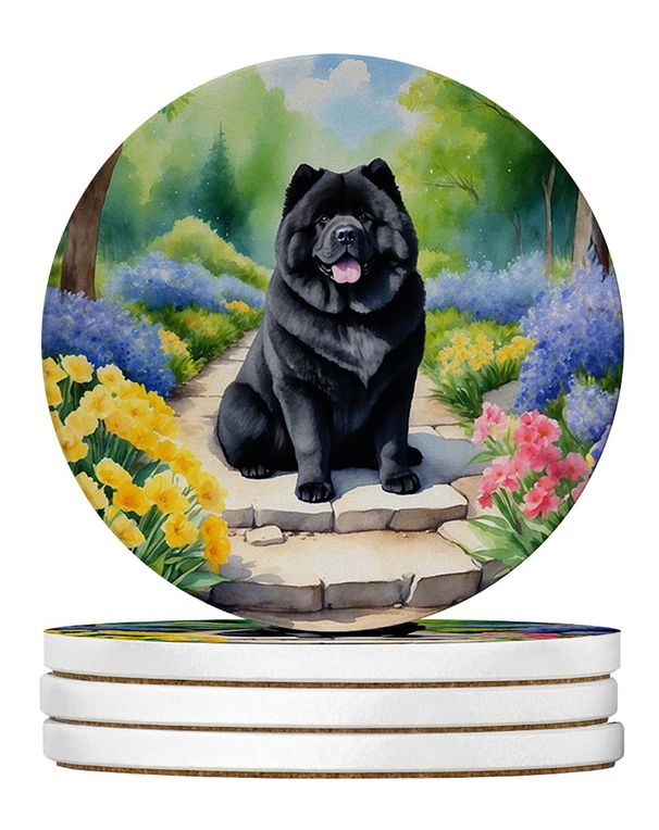 Chow Chow Spring Path Large Sandstone Coasters Pack Of 4 Absorbent Round Coasters Decor Gifts For Men Or Women, 4 In, Multicolor_maomaolike.com