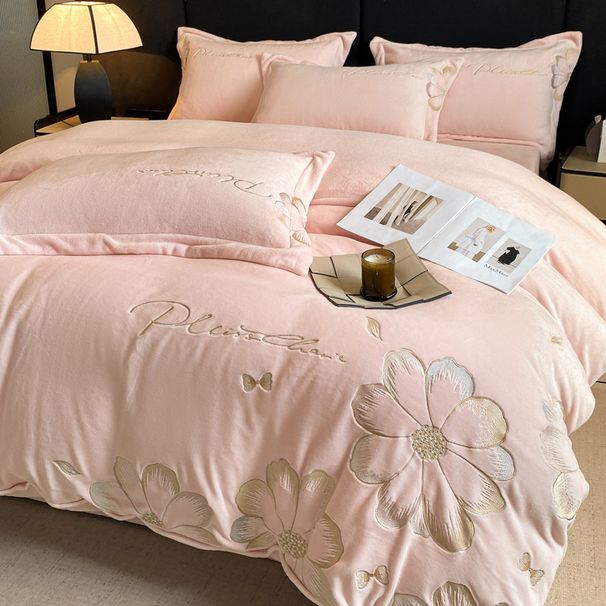 Winter Luxury Embroidered Milk Velvet Bedding Set Thickened Warm Coral Fleece Flannel Sheet Duvet Cover Bed Skirt_maomaolike.com