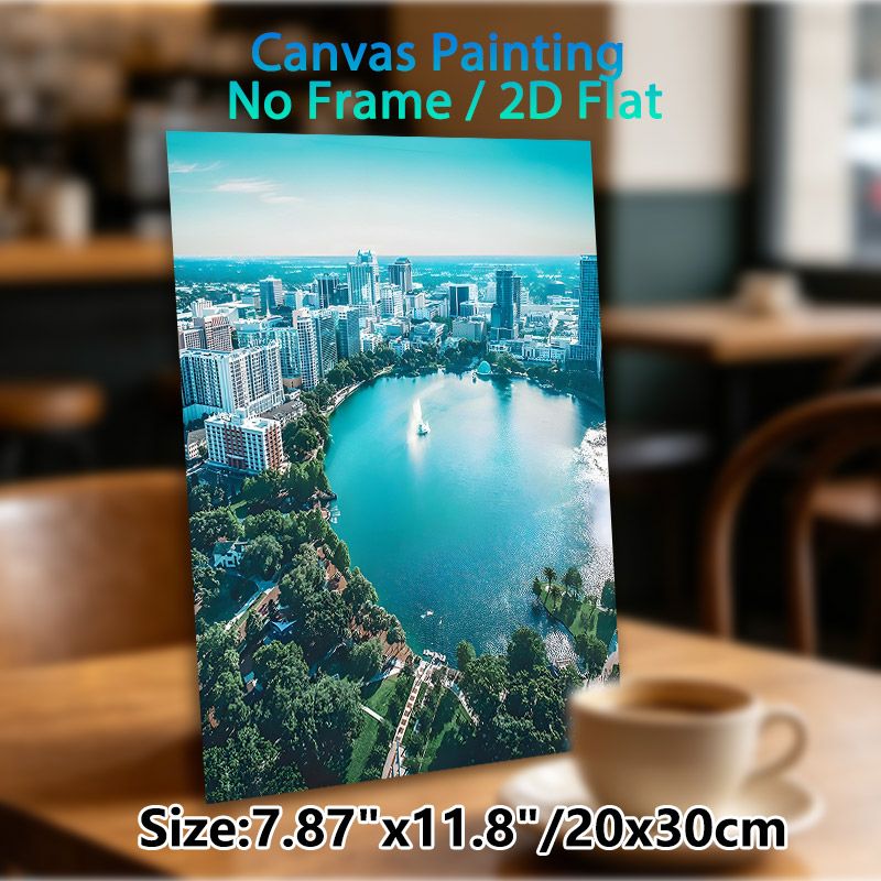 Urban Lakeside Cityscape Painting Poster, Vibrant Aerial View Modern City With Lake & Fountain Poster, Serene Urban Scenery Ideal For Home Office_maomaolike.com
