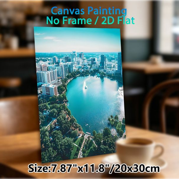 Urban Lakeside Cityscape Painting Poster, Vibrant Aerial View Modern City With Lake & Fountain Poster, Serene Urban Scenery Ideal For Home Office_maomaolike.com