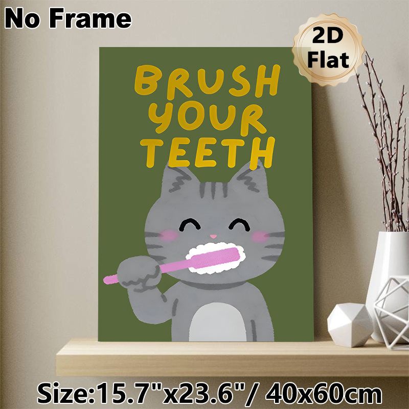 Cat Brushing Teeth Themed Painting Poster, Cute Cartoon Style Poster, Gentle Daily Dental Care Reminder, Ideal For Bathroom_maomaolike.com