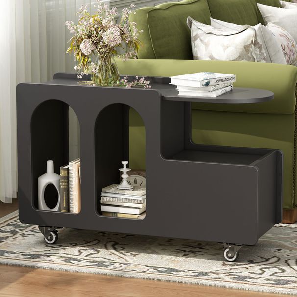 Mobile End Table With Lockable Wheels, Cream Style Side Table With Storage Drawer, 11.8inch Narrow Nightstand With Multi-layer Storage, Living Room_maomaolike.com