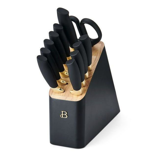 Beautiful 12 Piece Stainless Steel Knife Set Block Soft Grip Handles Black Sesame By Drew Barrymore_maomaolike.com