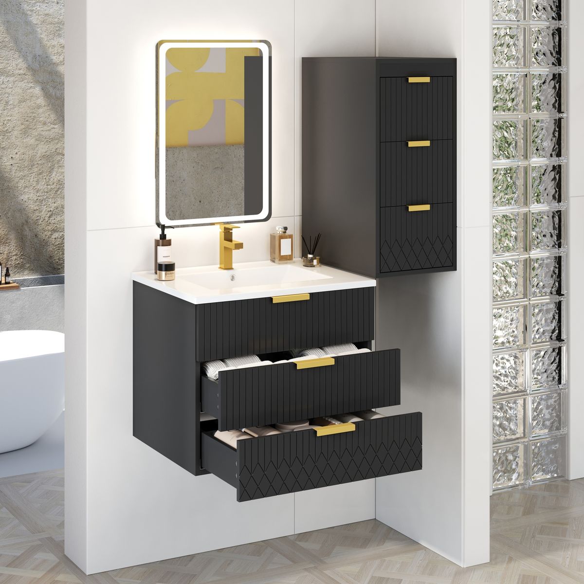 24inch Wall Mounted Floating Cabinet With Side Cabinet Combo, Rectangular Vanity, Small Bathroom Sink With Single Faucet Hole And Overflow, Modern Bathroom Cabinet With Ceramic Basin Sink_maomaolike.com